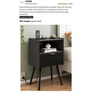 Modern Black Nightstand with Fluted Drawers & Solid Wood Legs for Bedroom